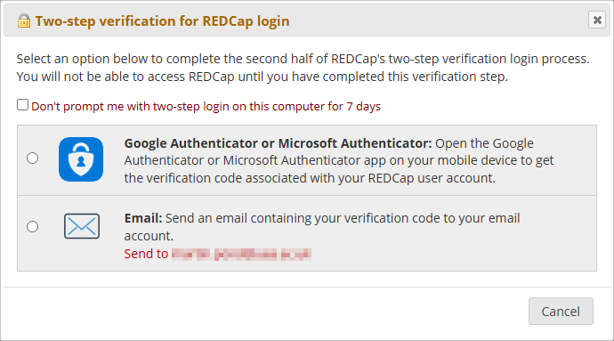 REDCap MFA login screen